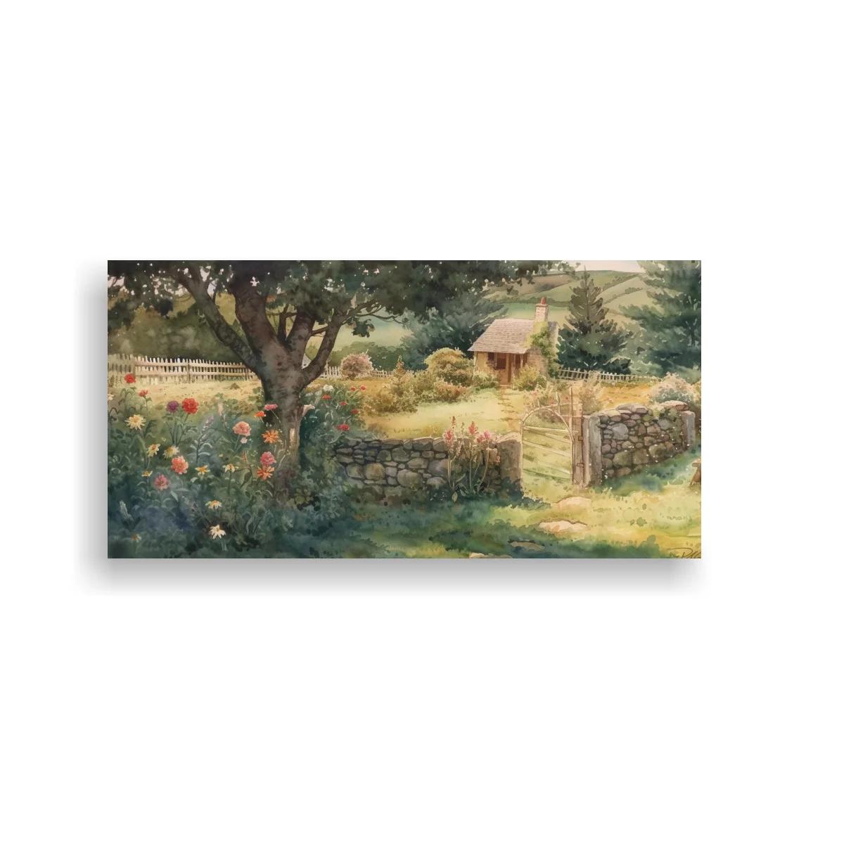 Cuadro casa de campo con muro de piedra y portón abierto