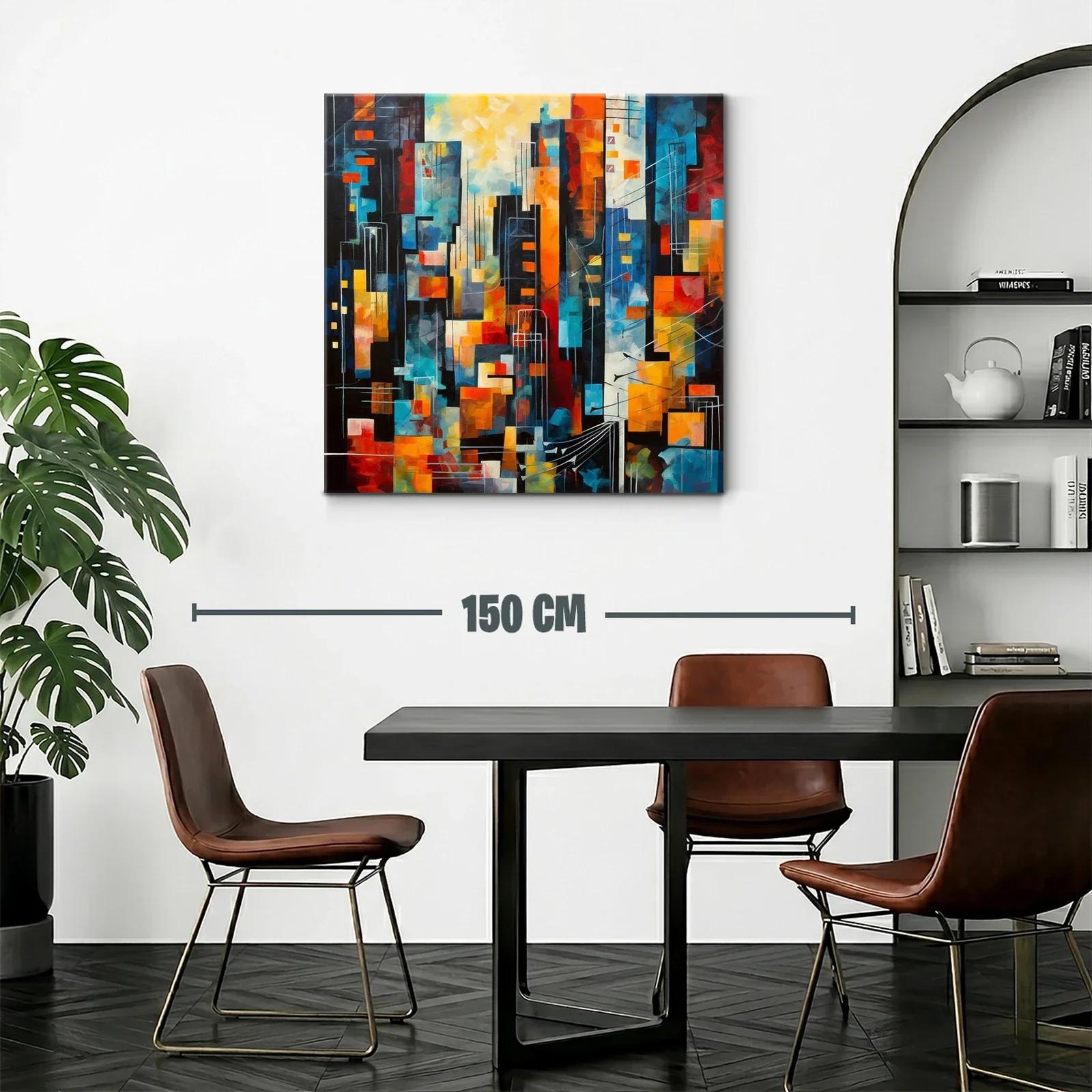 Cuadro abstracto con vibrante ciudad en tonos cálidos y fríos — miniatura 2