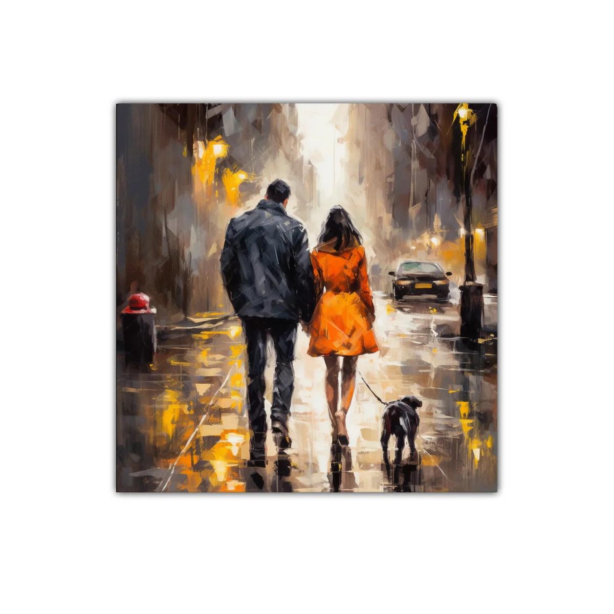 Paseo romántico urbano al atardecer con perro