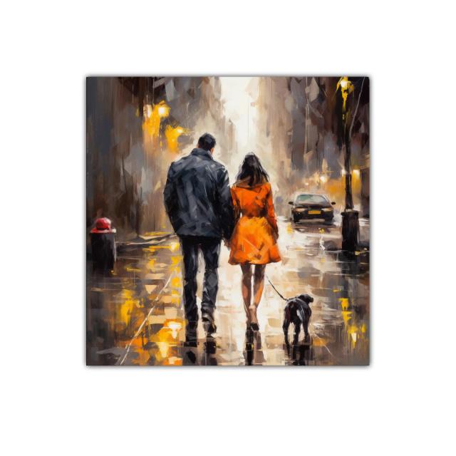 Paseo romántico urbano al atardecer con perro