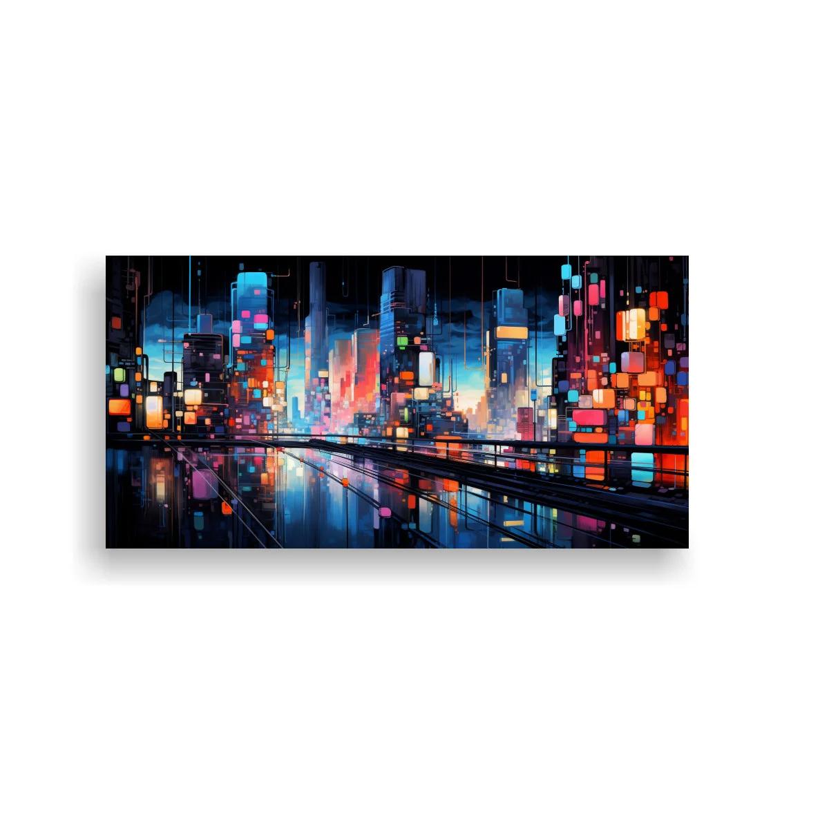 Cuadro skyline urbano nocturno con reflejos largos — imagen principal