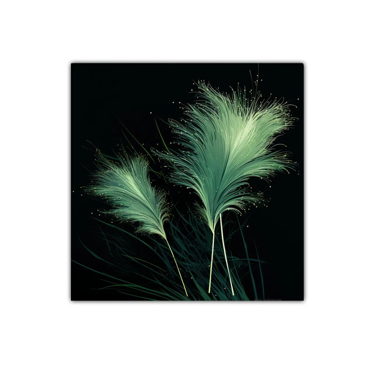 Cuadro decorativo con plumas verdes sobre fondo oscuro — imagen principal