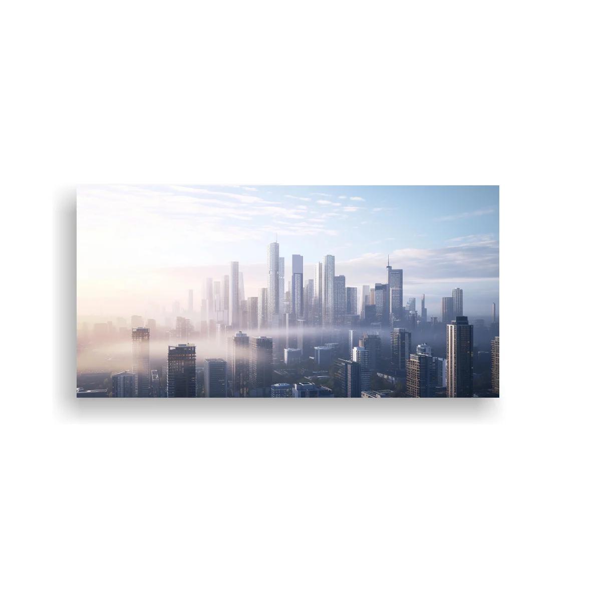 Cuadro skyline de ciudad futurista entre la niebla