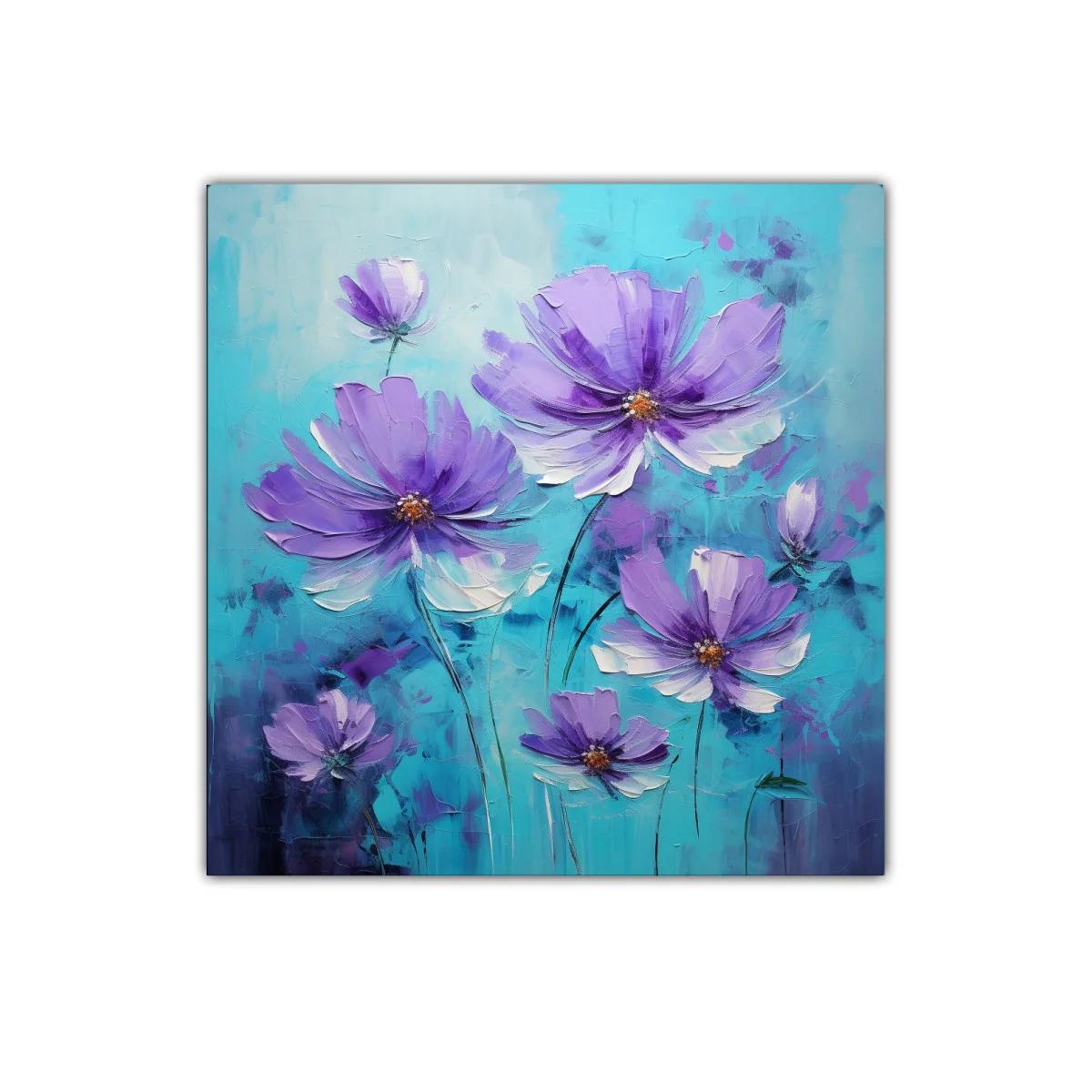 Cuadro decorativo con flores lilas y fondo turquesa