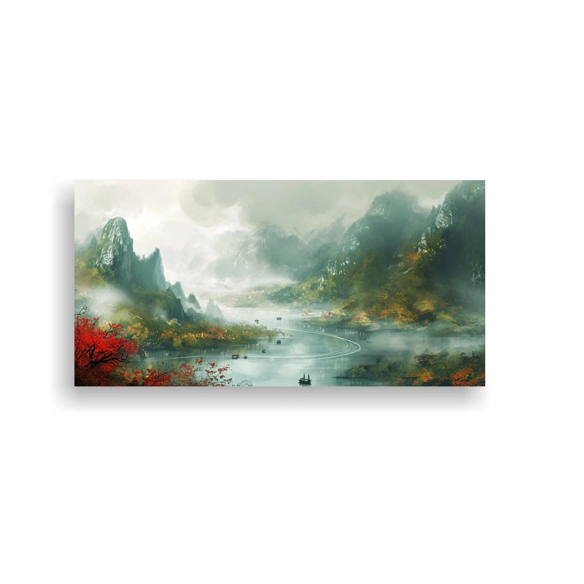 Cuadro paisaje montañoso con lago y niebla