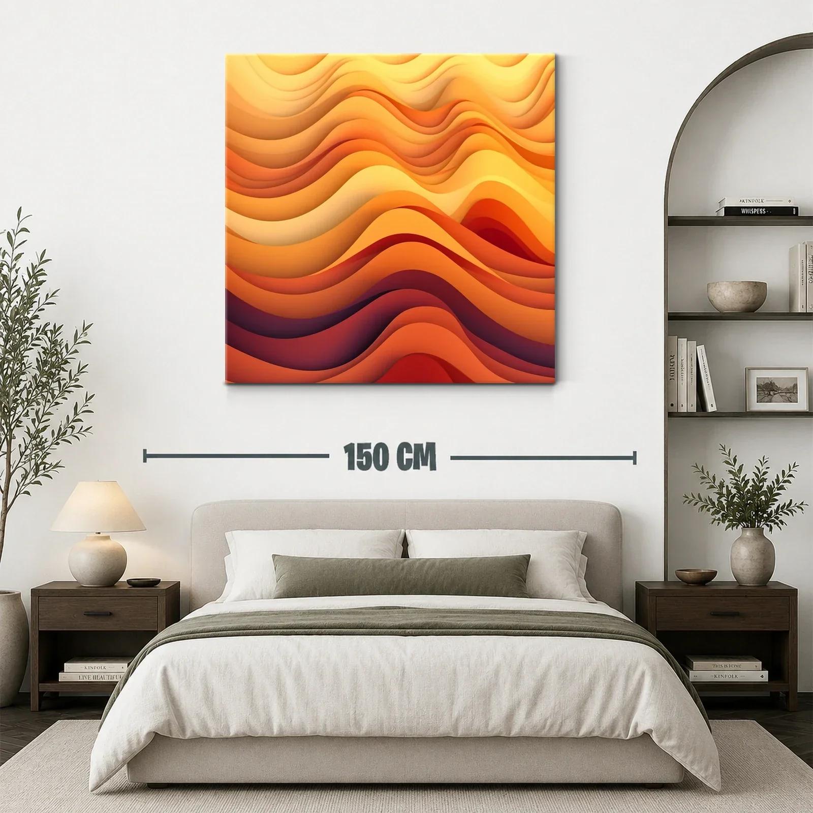 Cuadro abstracto con ondas cálidas en tonos naranjas y amarillos — miniatura 3
