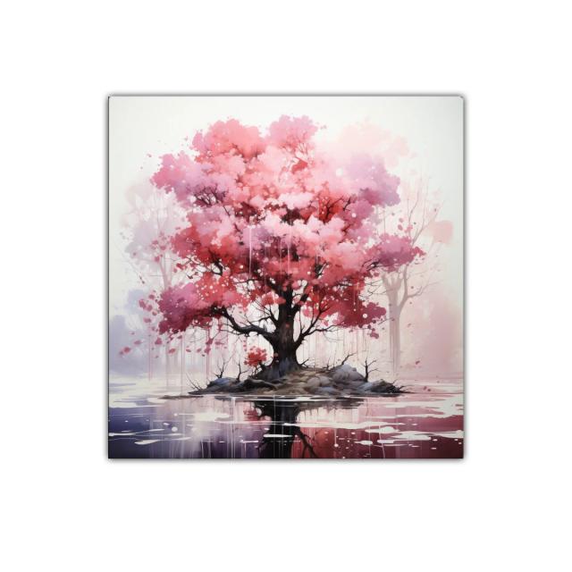 Árbol en tonos rosados con reflejo sereno
