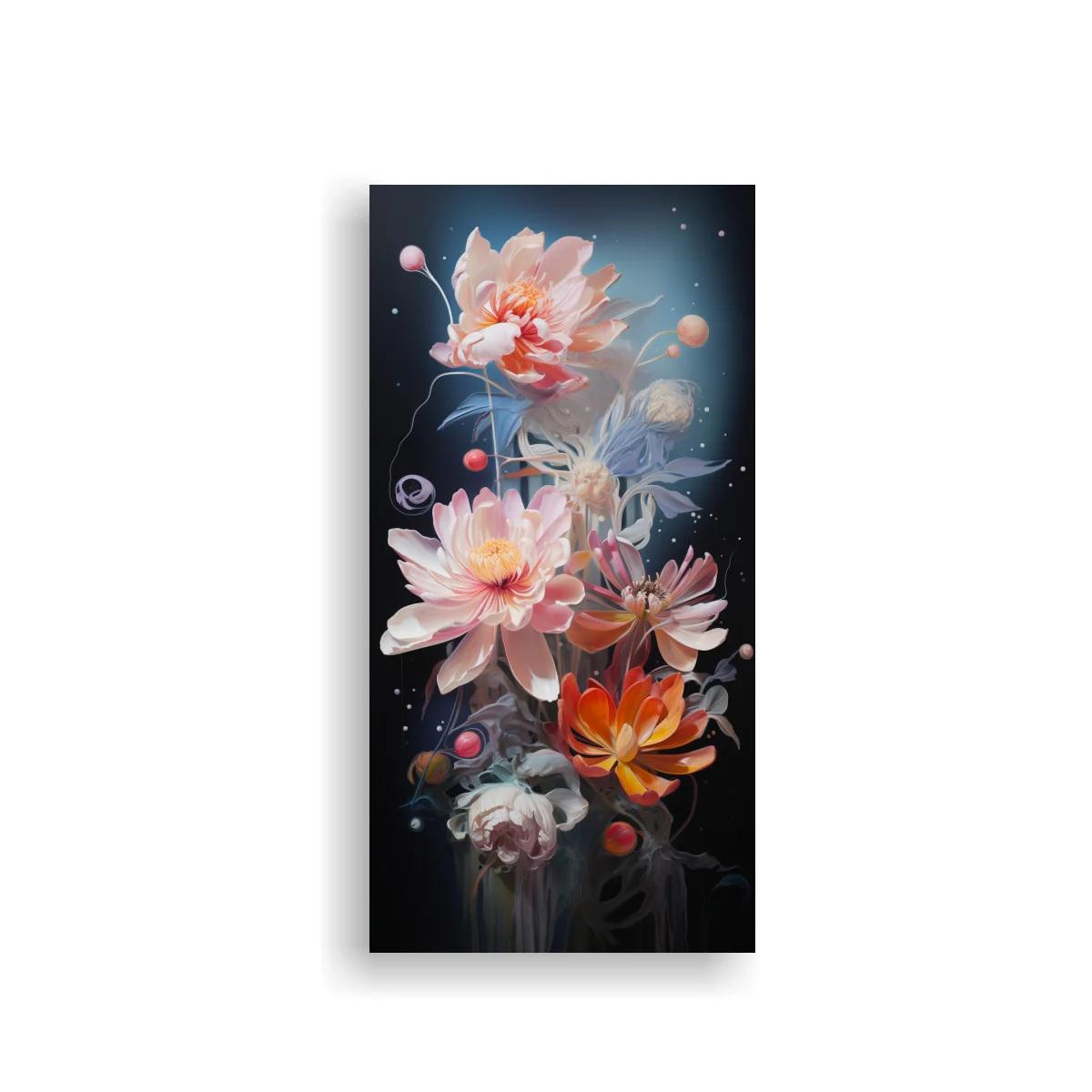 Cuadro ramo de peonías y flores de loto con esferas luminosas