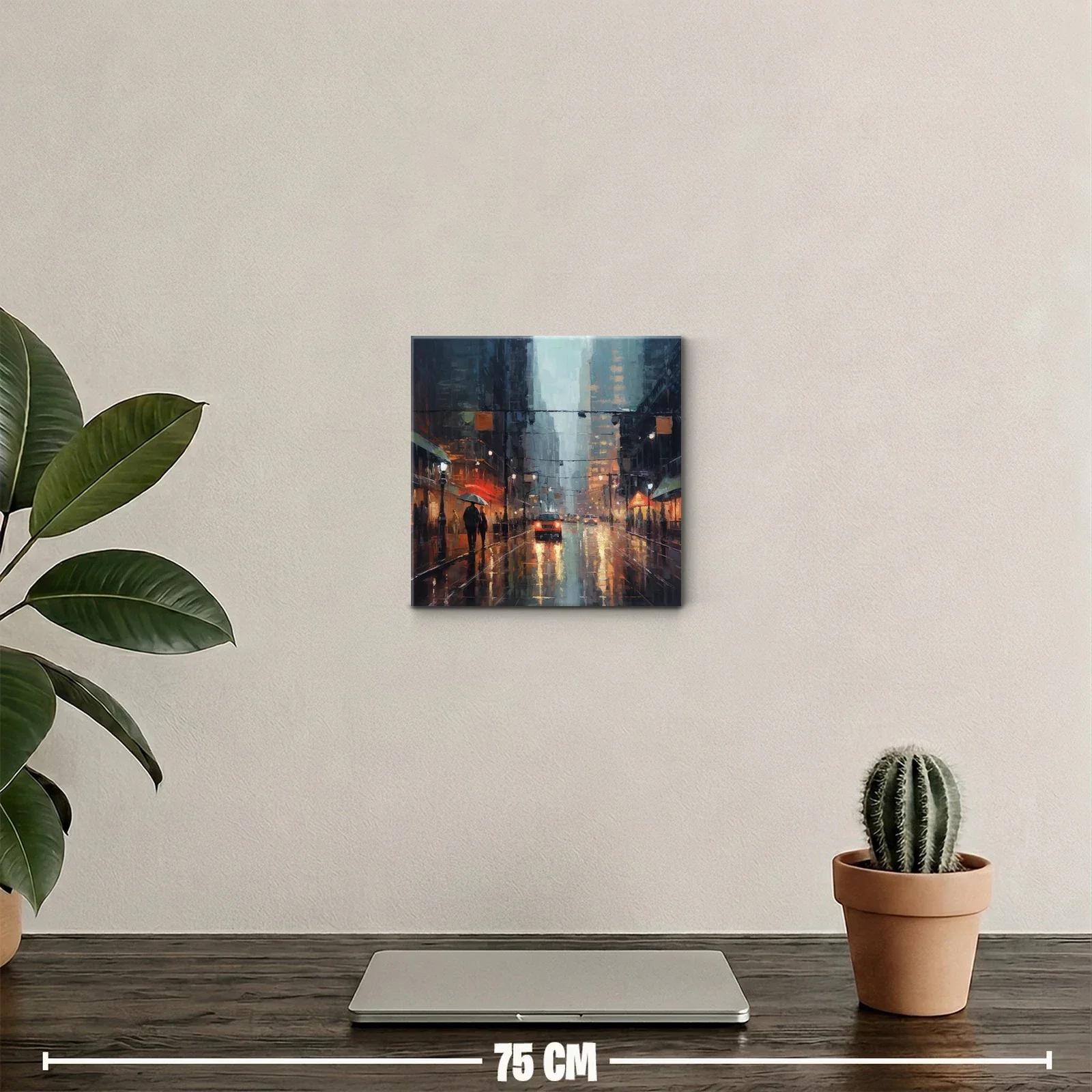 Paisaje urbano lluvioso con reflejos y luz cálida — miniatura 2