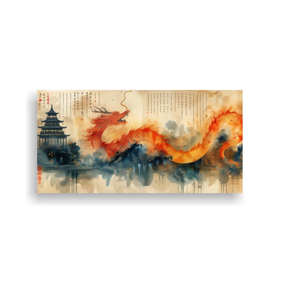 Cuadro dragón chino rojo y dorado con pagoda y tinta oriental