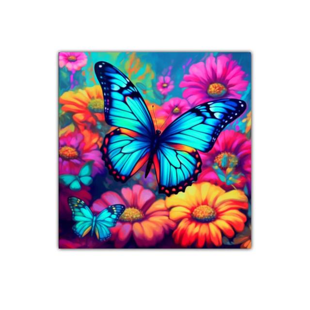 Mariposas azules vibrantes entre flores coloridas y radiantes