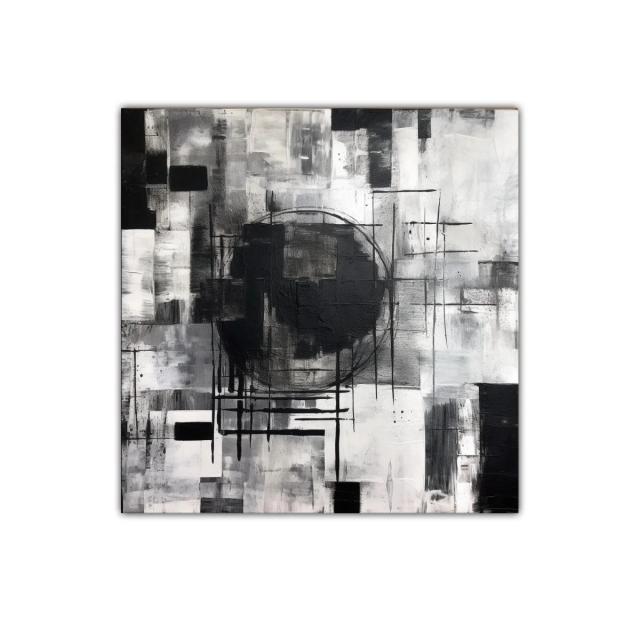 Cuadro abstracto en escala de grises con líneas geométricas