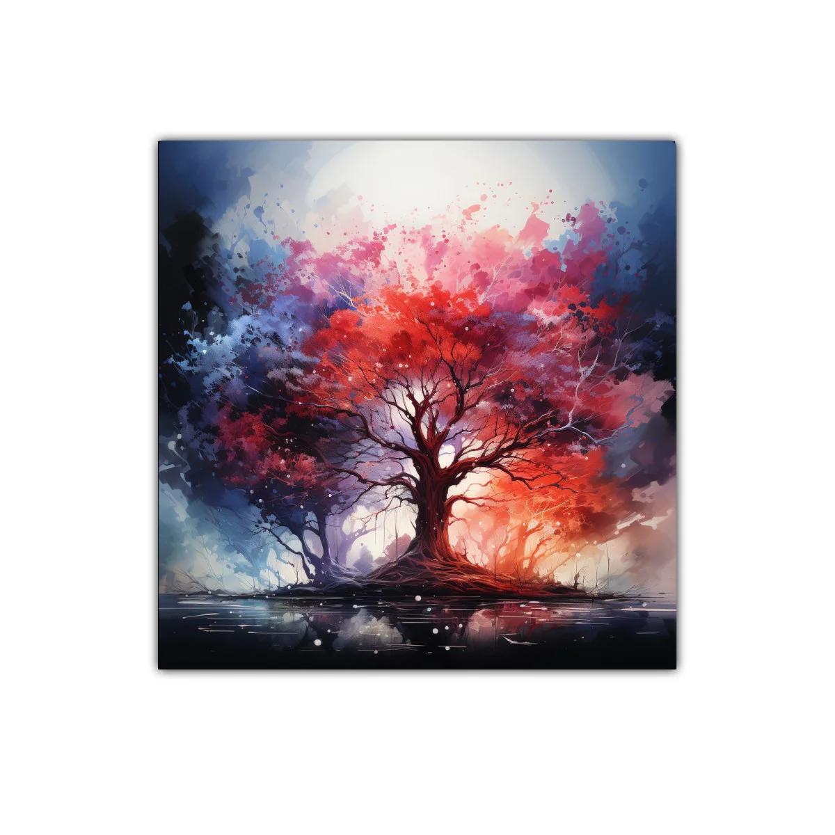 Árbol en colores vibrantes con reflejo tranquilo