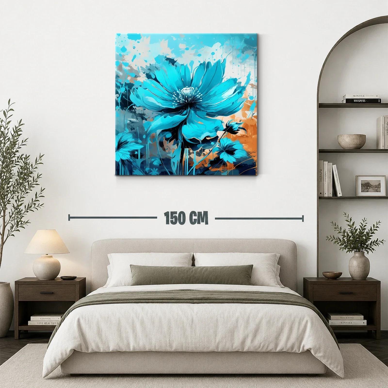 Cuadro con flor azul vibrante sobre fondo abstracto cálido — miniatura 3