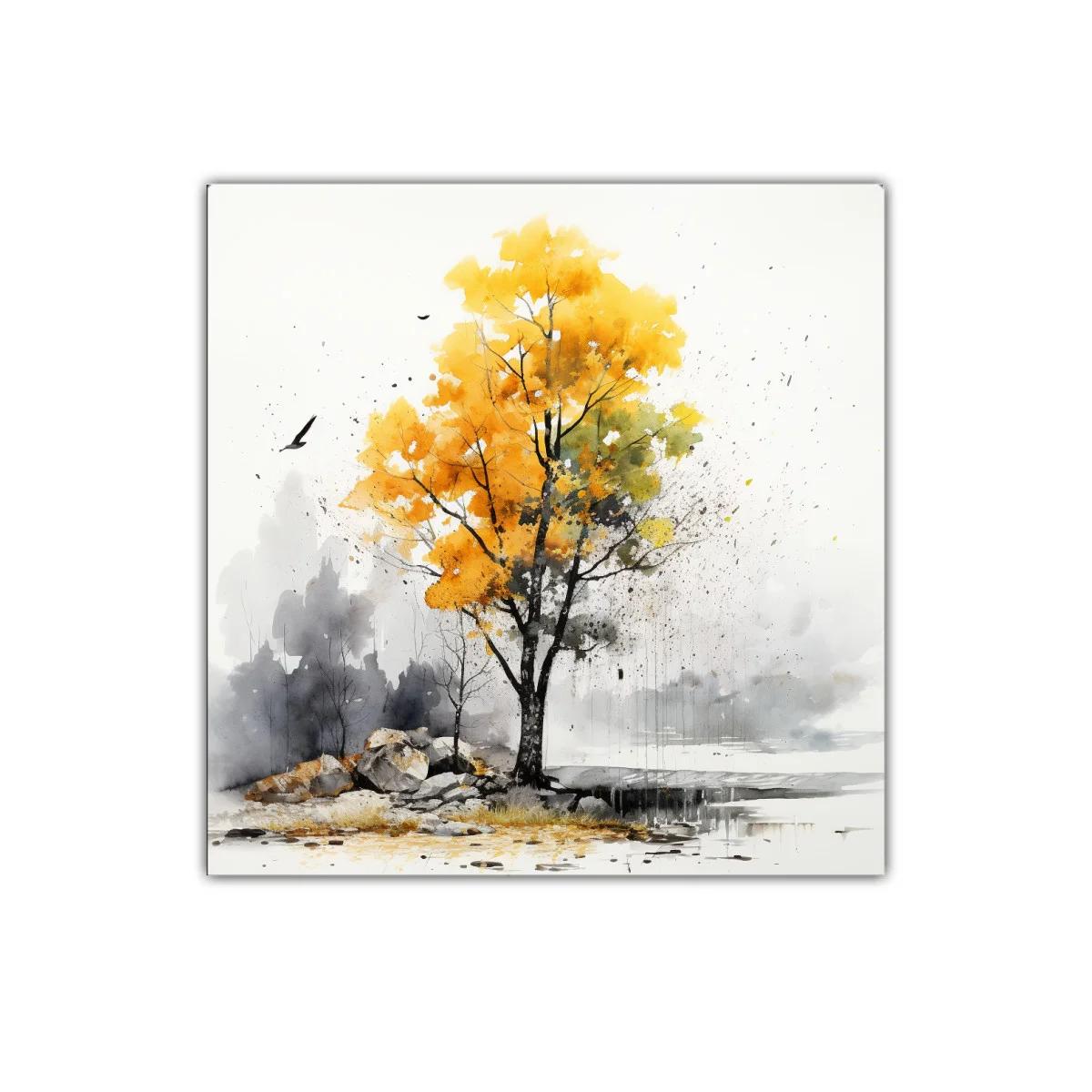Árbol otoñal con tonalidades doradas y grises suaves