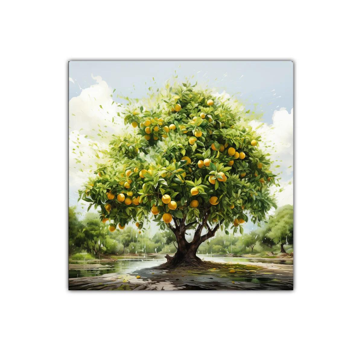Árbol de naranjas vibrante con paisaje natural sereno