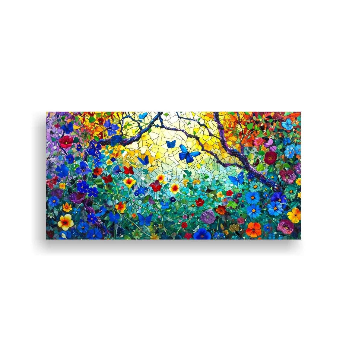 Cuadro jardín floral con mariposas y brillo tipo vidriera