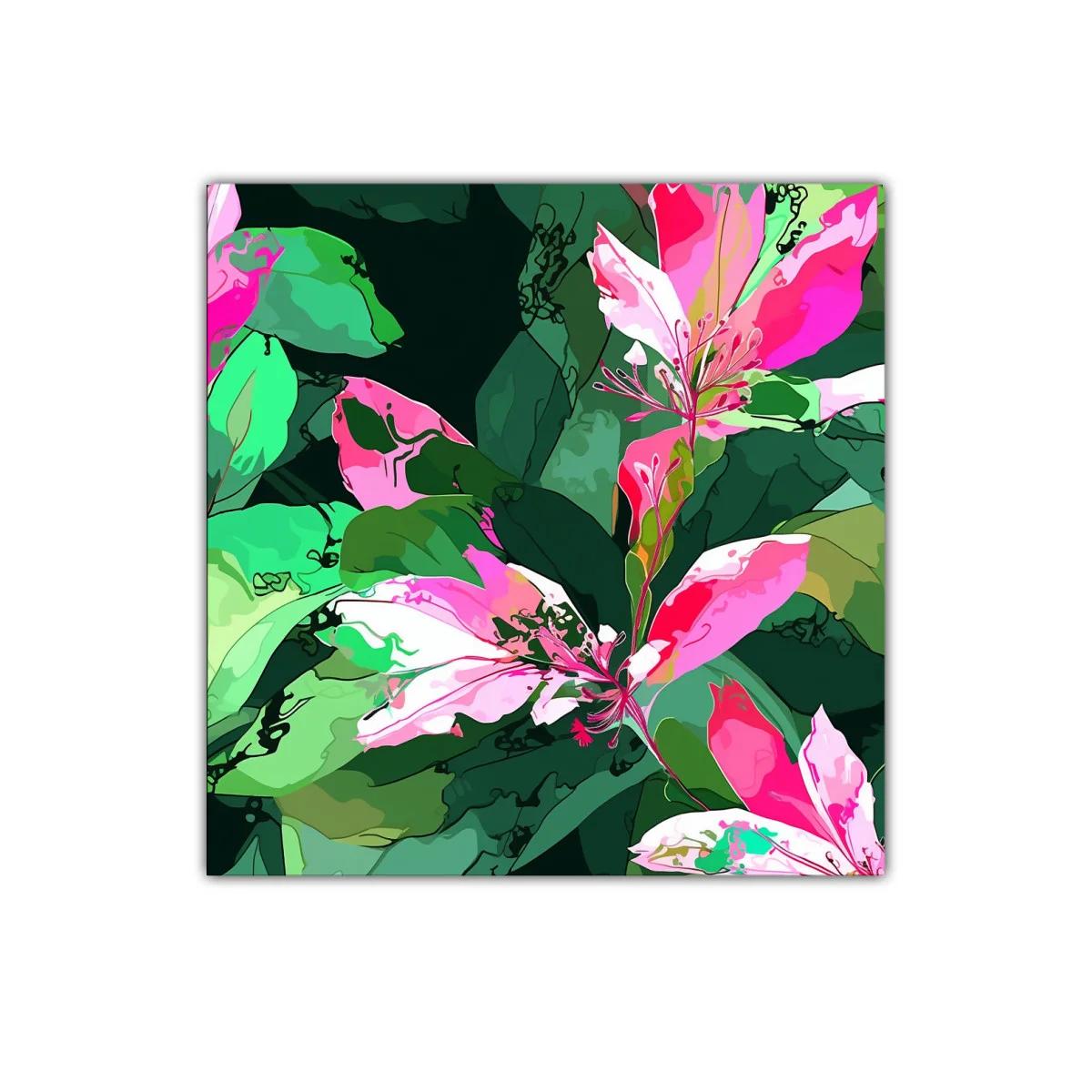 Cuadro decorativo floral en tonos verdes y rosas vivos — imagen principal