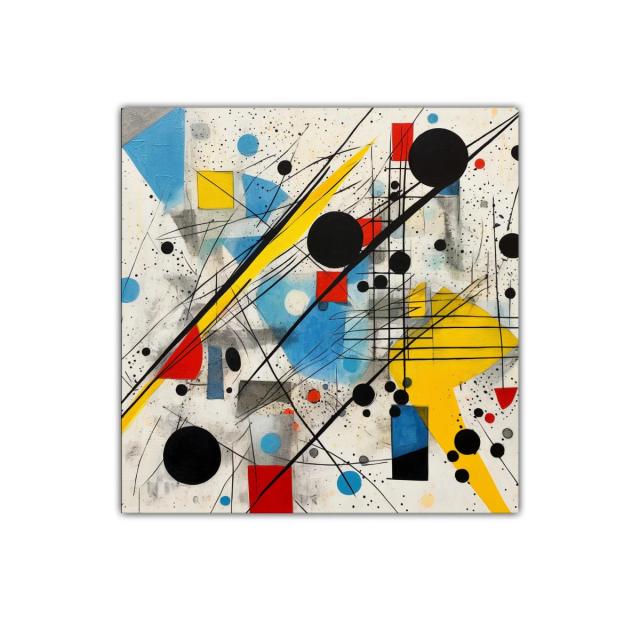 Cuadro abstracto con geometría colorida y líneas dinámicas