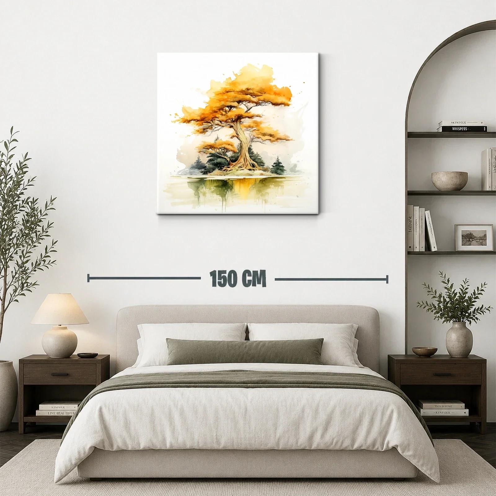 Árbol otoñal con reflejo sereno en tonos cálidos y verdes — miniatura 3