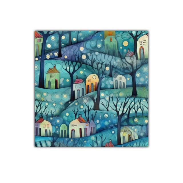 Paisaje nocturno encantado con casas iluminadas y naturaleza