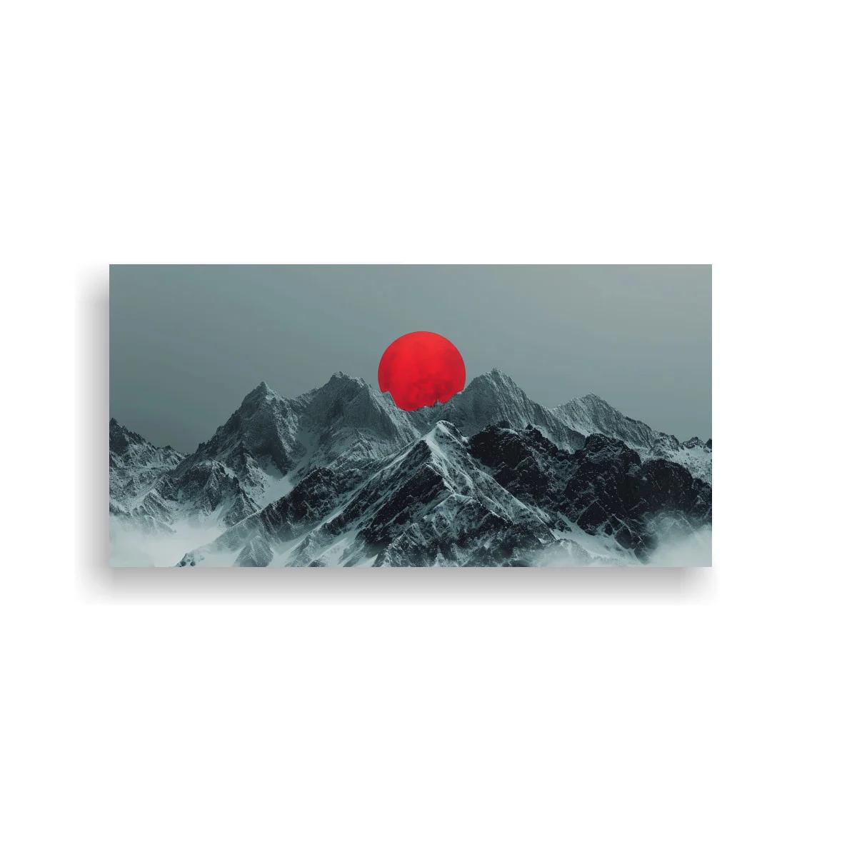 Cuadro cordillera de montañas nevadas con sol rojo — imagen principal