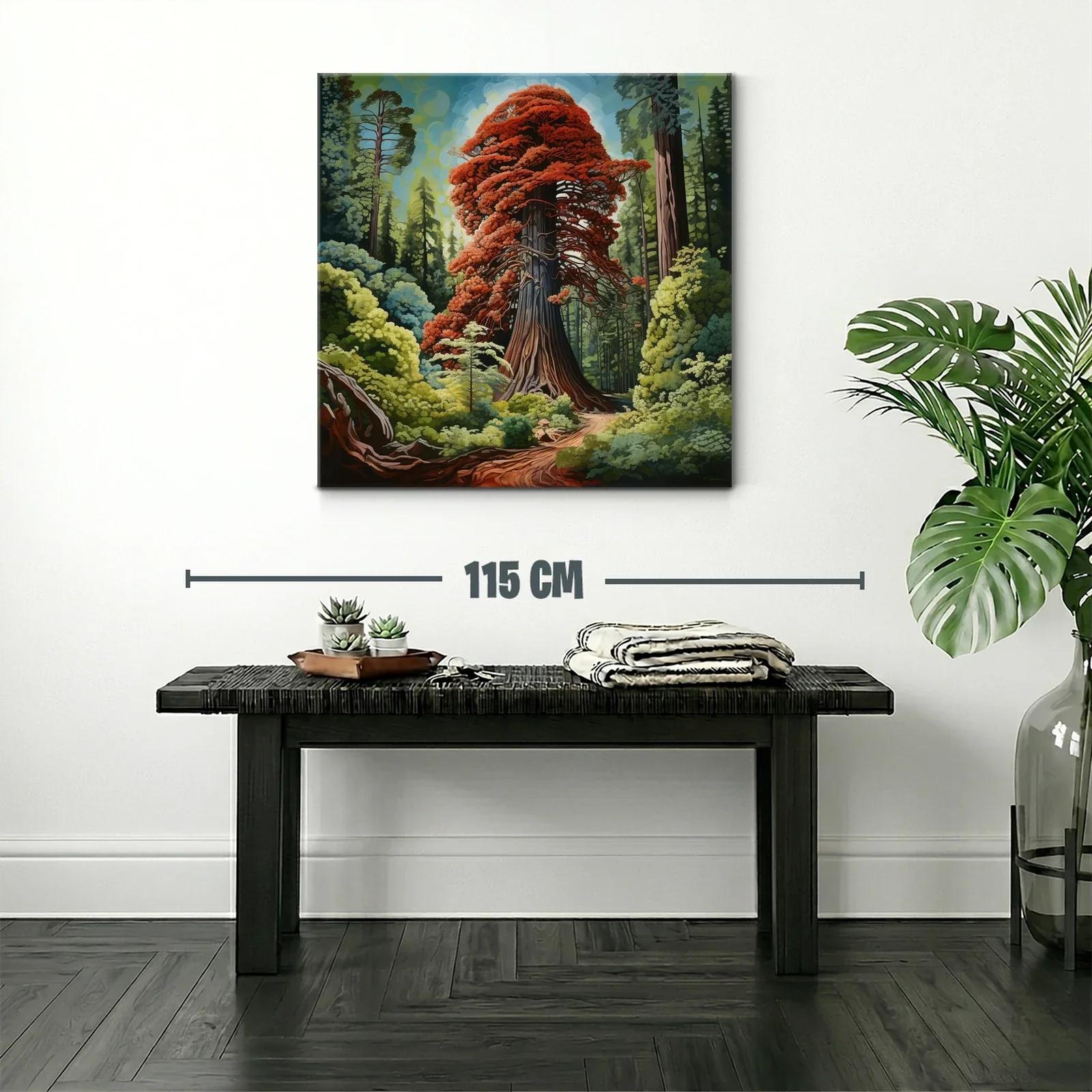 Gran árbol rojo rodeado de bosque verde vibrante — miniatura 2