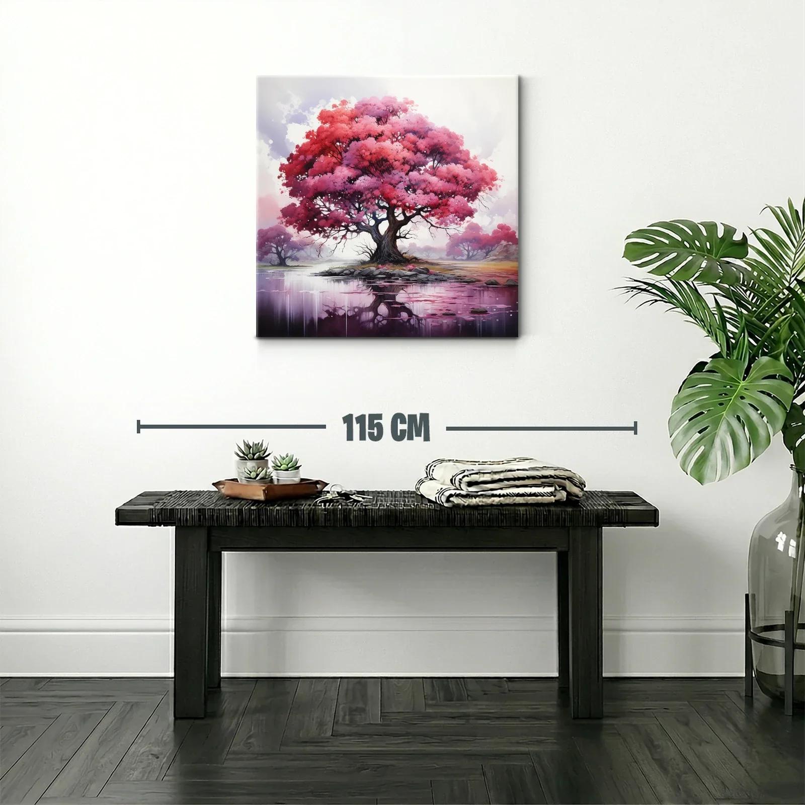 Árbol rosa con reflejo en lago sereno y místico — miniatura 2