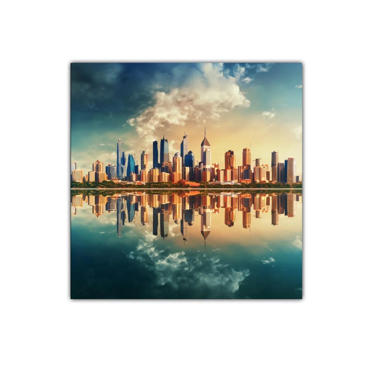 Horizonte urbano reflejado en laguna al atardecer — imagen principal