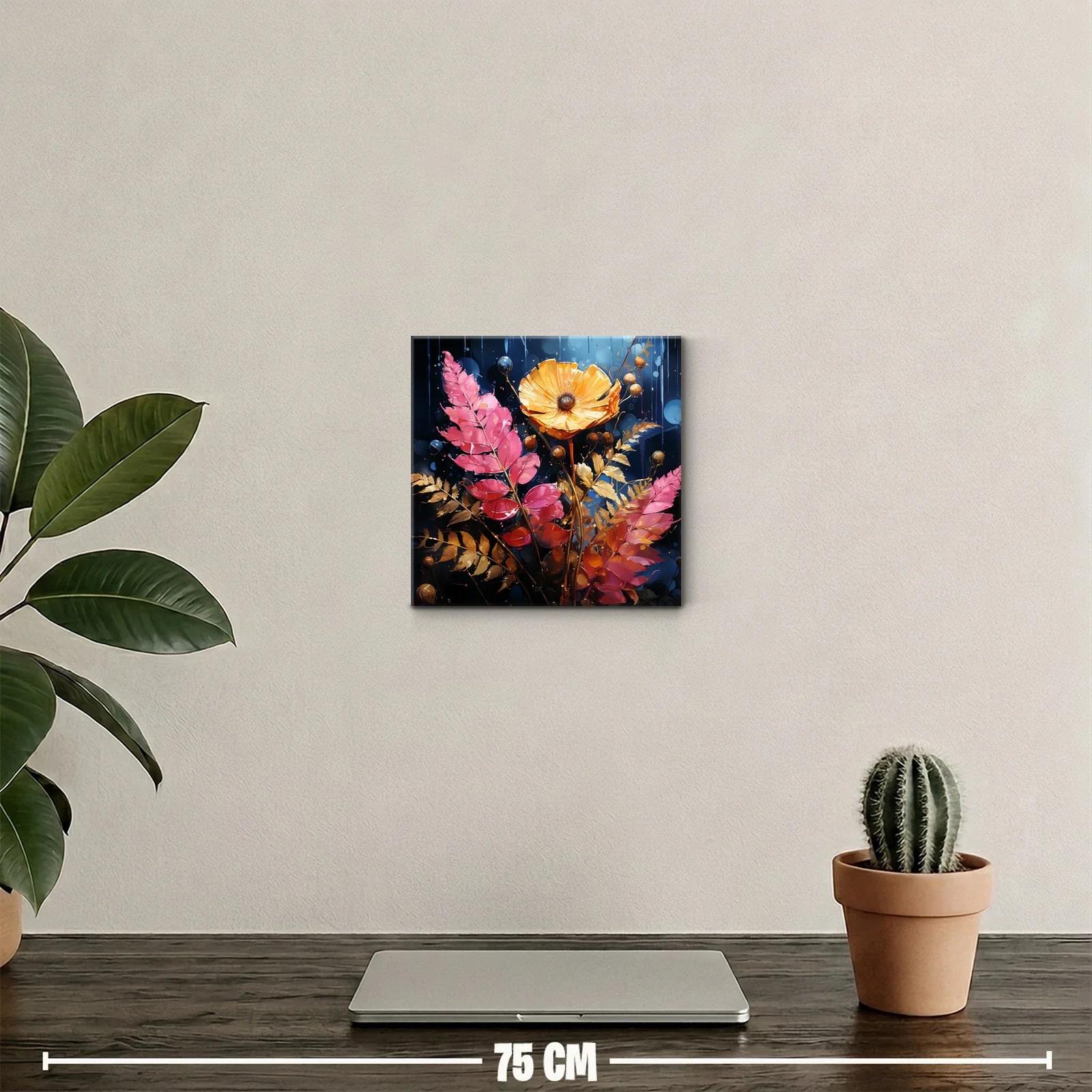 Cuadro decorativo con flores en tonos cálidos y fondo oscuro — miniatura 2