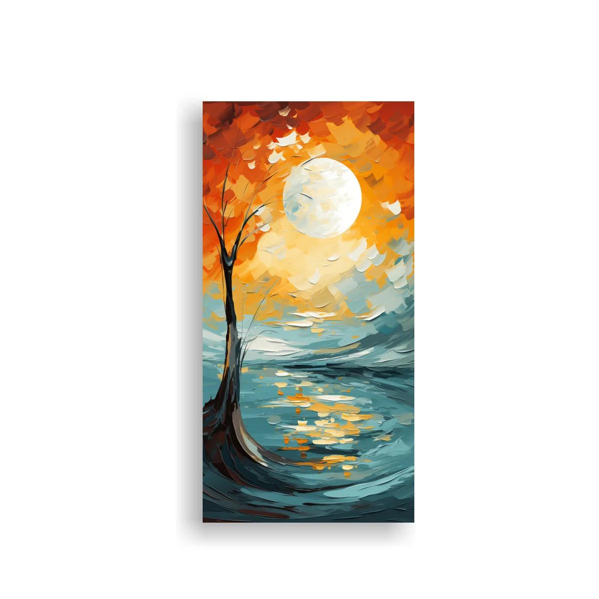 Cuadro árbol oscuro junto al mar con luna llena
