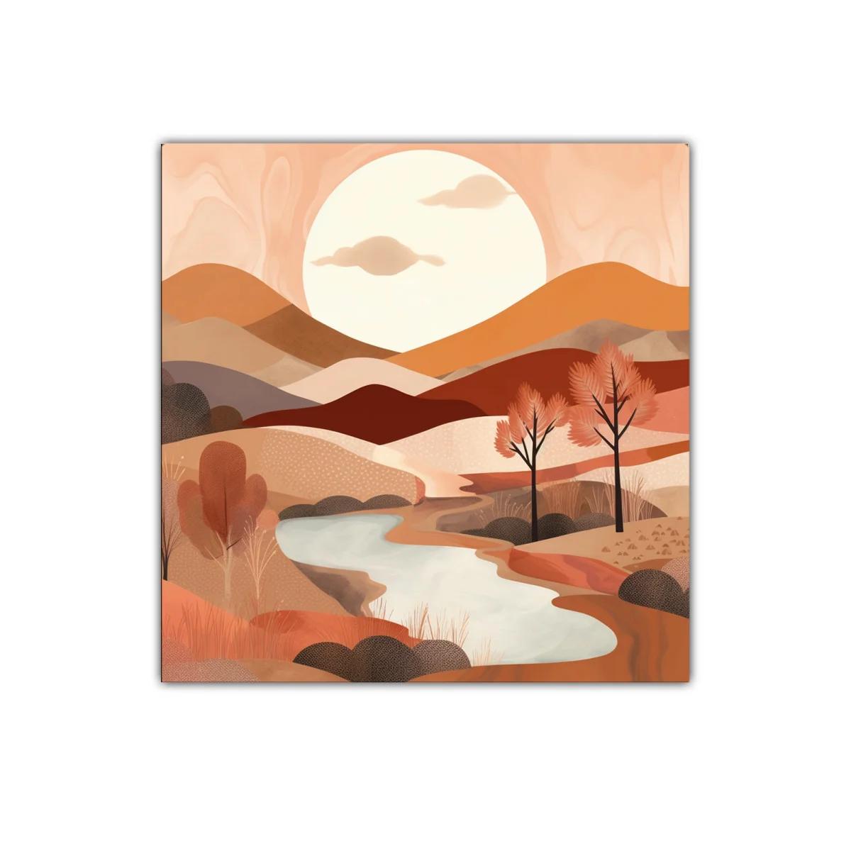 Paisaje sereno con colinas y río bajo puesta de sol cálida — imagen principal