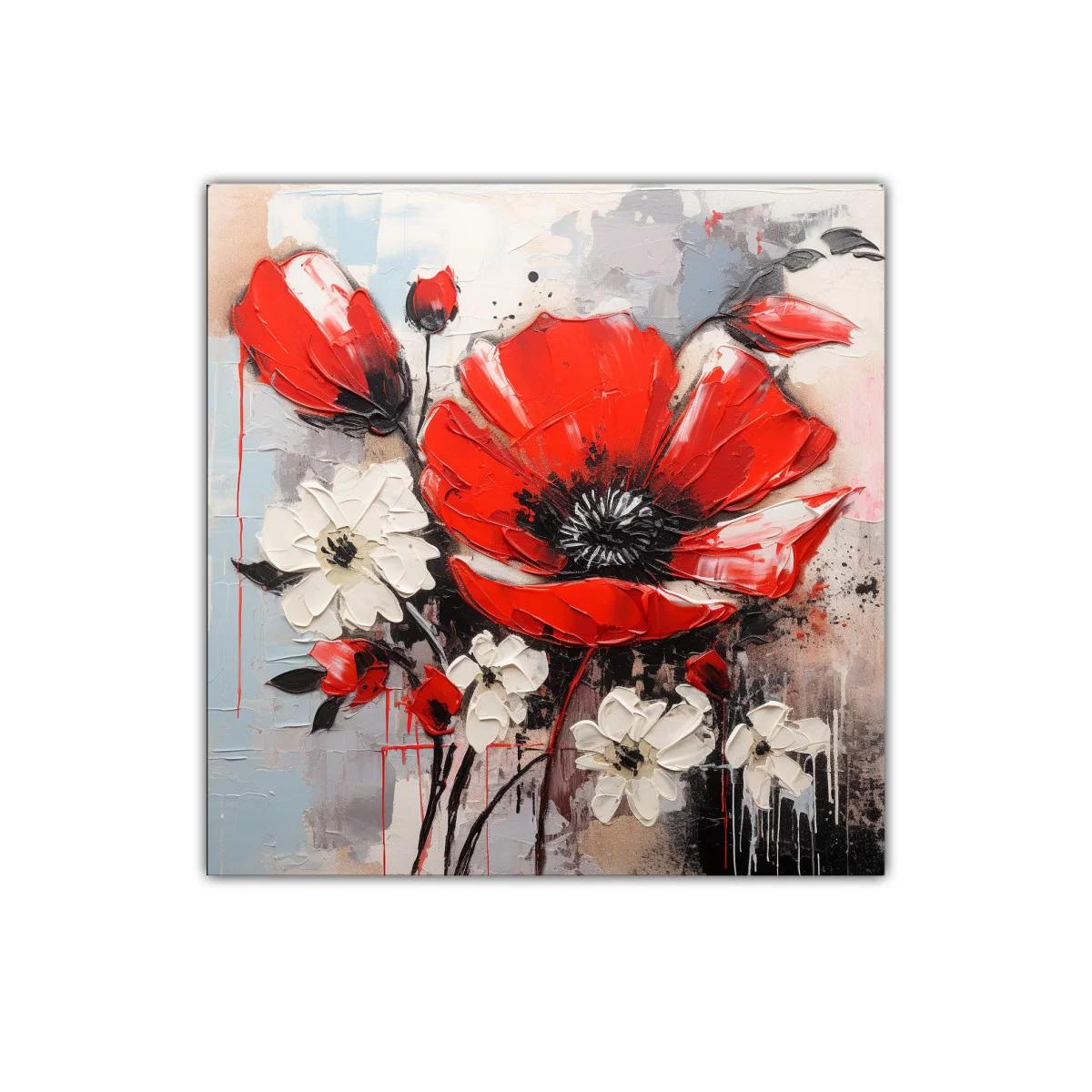 Impactante cuadro floral con flores rojas y blancas vibrantes