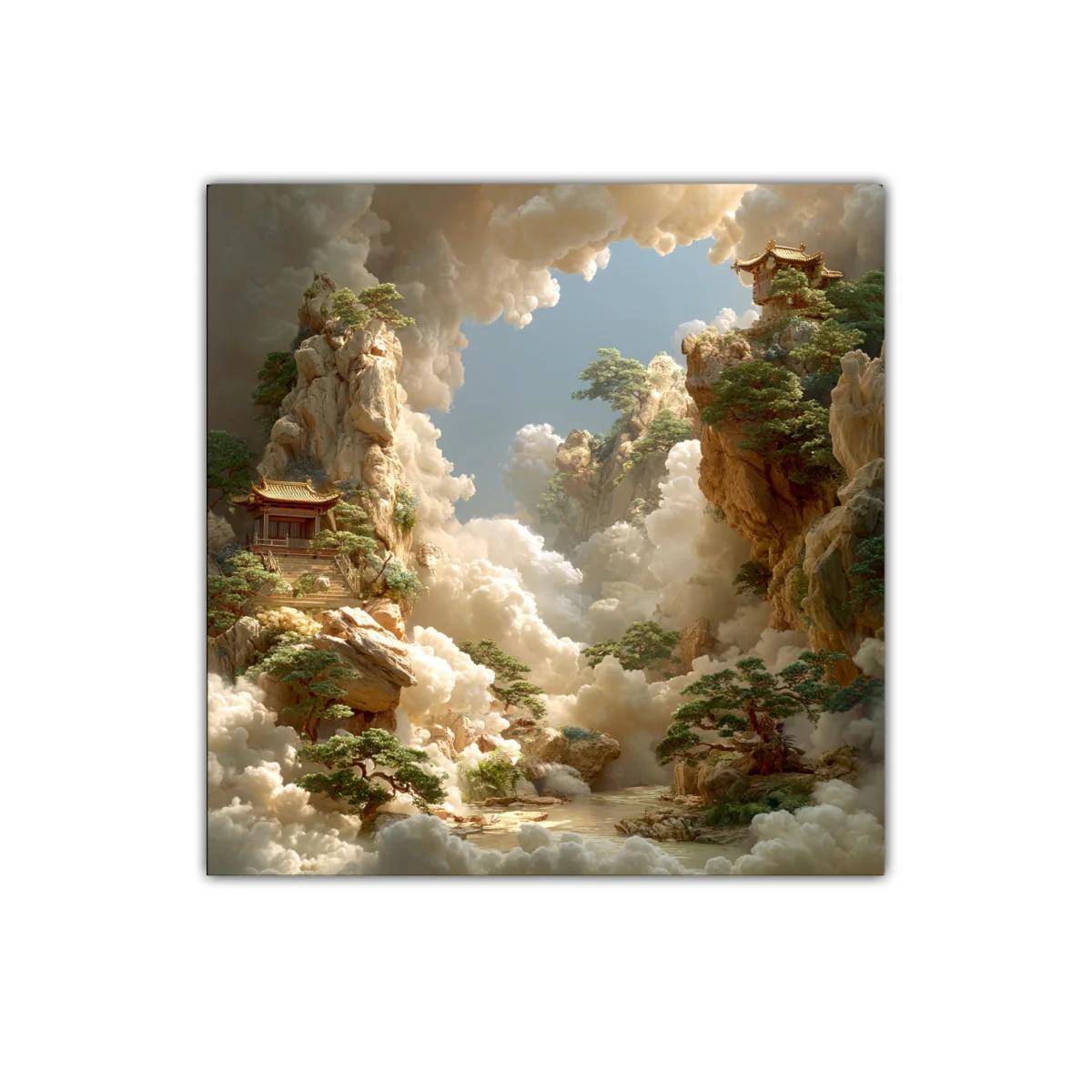 Paisaje onírico con templos en jardines elevados y nubes doradas — miniatura 1