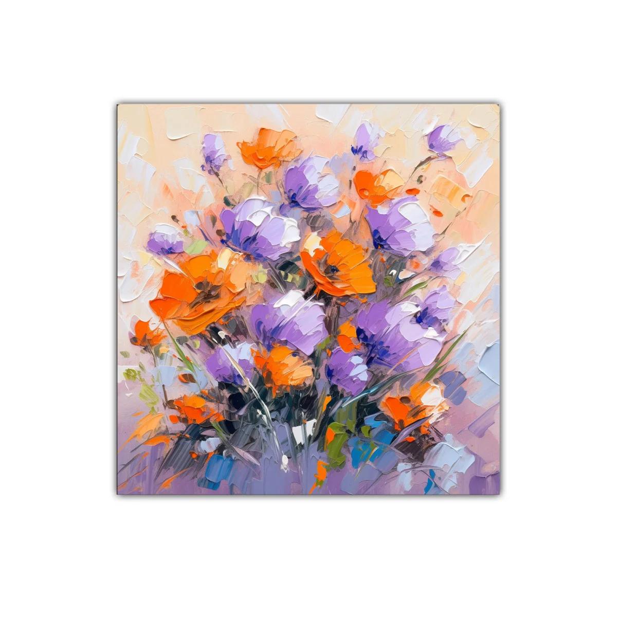 Cuadro decorativo vibrante con flores en tonos morados y naranjas — imagen principal