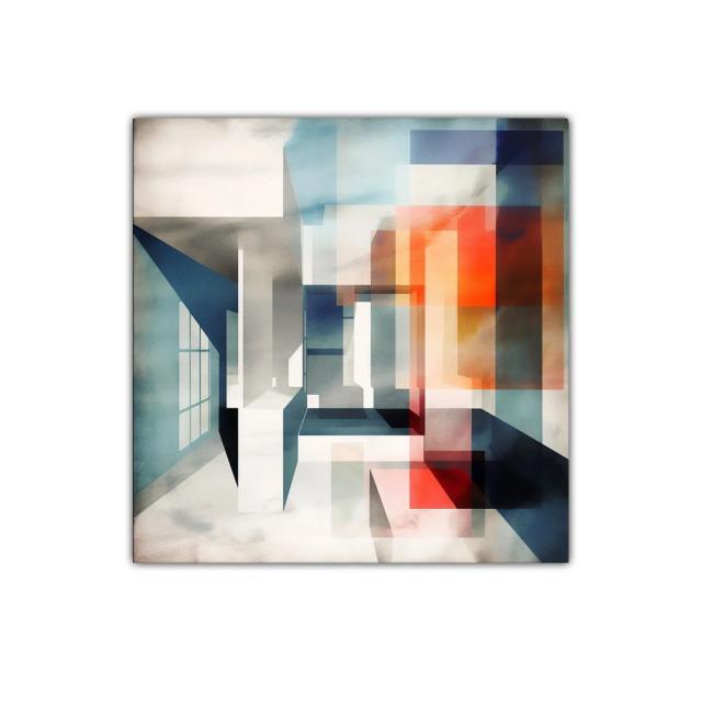 Composición abstracta con formas geométricas en tonos cálidos y fríos