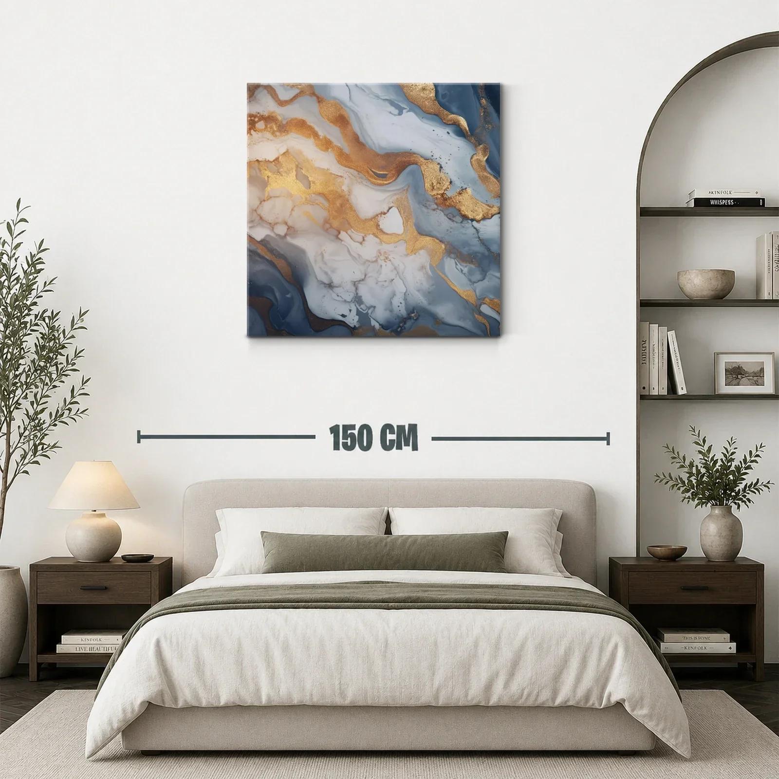 Cuadro abstracto con tonos dorados y azul grisáceo — miniatura 3