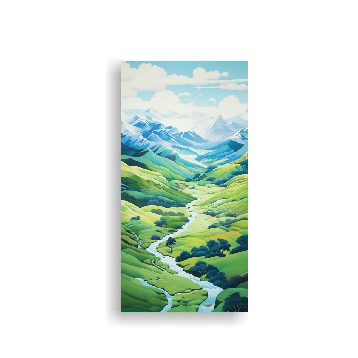 Cuadro valle montañoso con río y cumbres nevadas