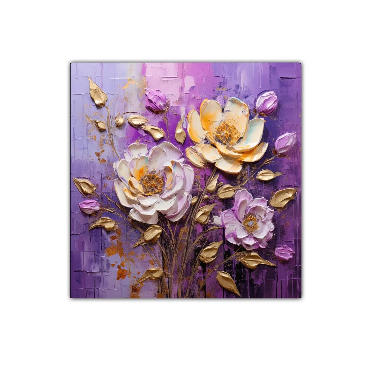Cuadro floral con relieves y tonos púrpuras y dorados