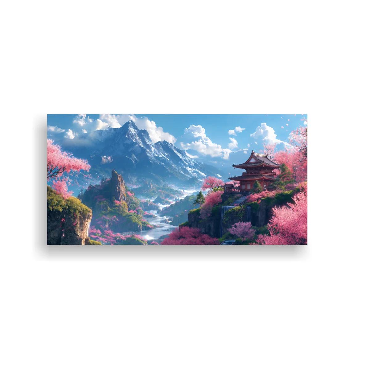 Cuadro paisaje de montaña con templo japonés y valle profundo