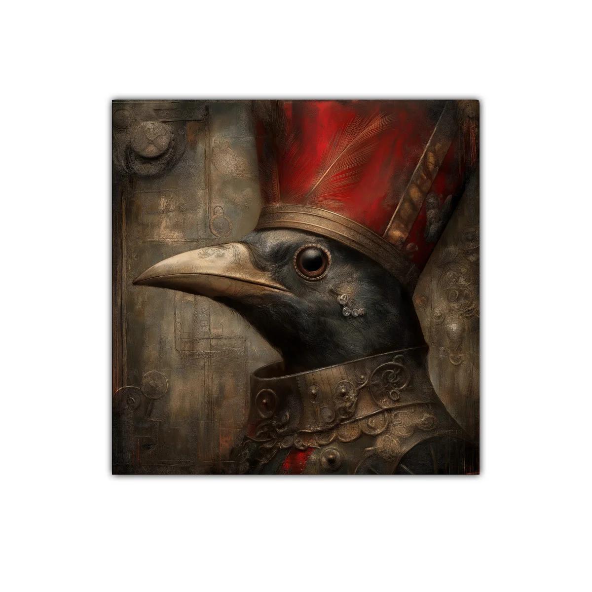 Retrato de ave con tocado y armadura en tonos cálidos — imagen principal