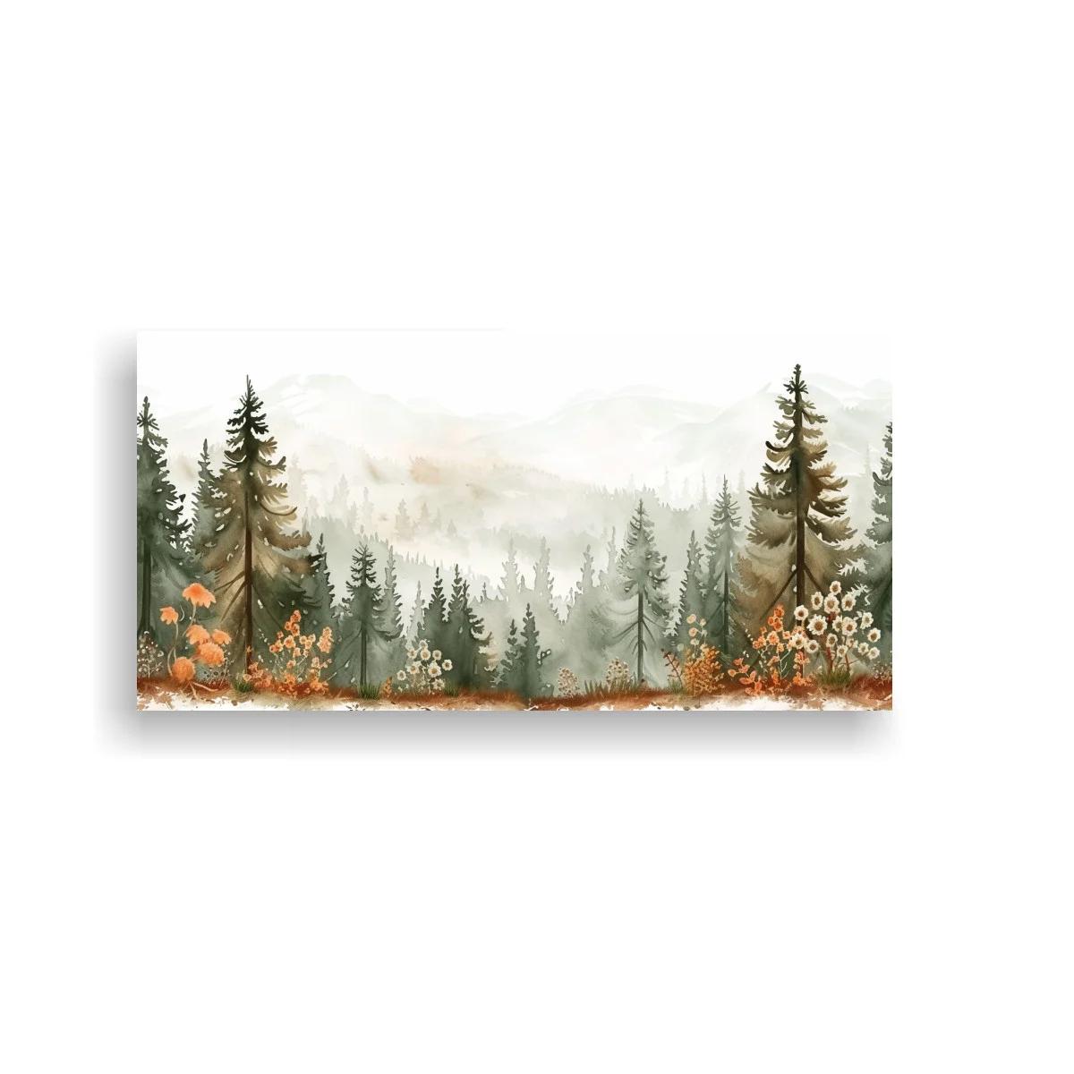 Cuadro bosque de pinos con flores silvestres y montañas brumosas — imagen principal