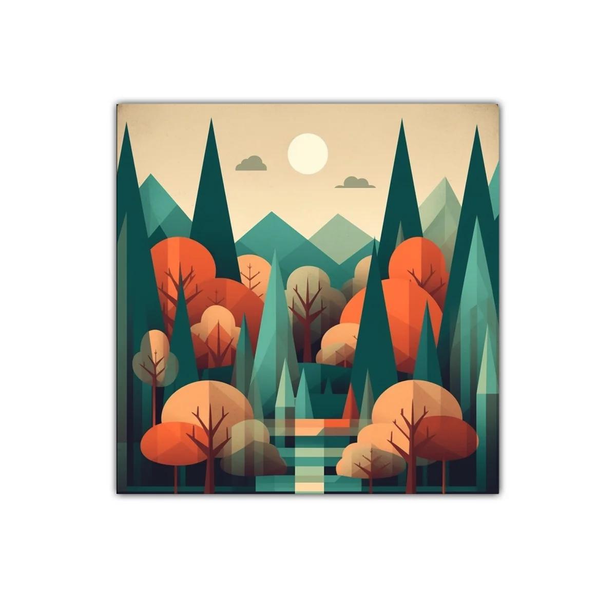 Paisaje geométrico bosque otoñal con tonos cálidos y verdes