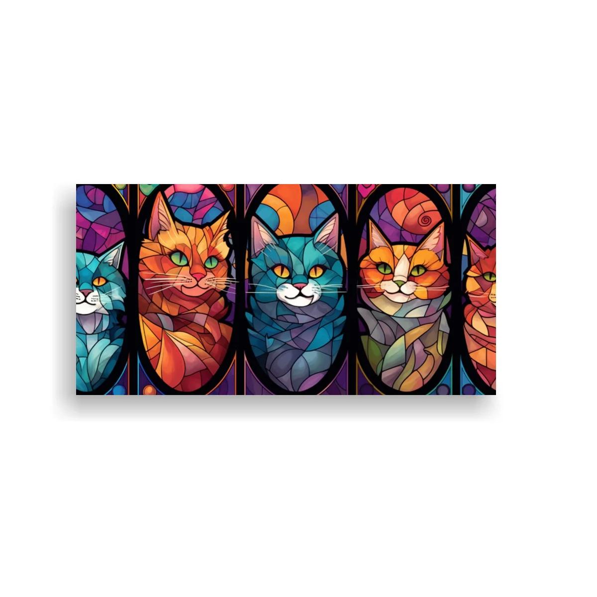 Cuadro cinco gatos de colores con efecto vidriera geométrico
