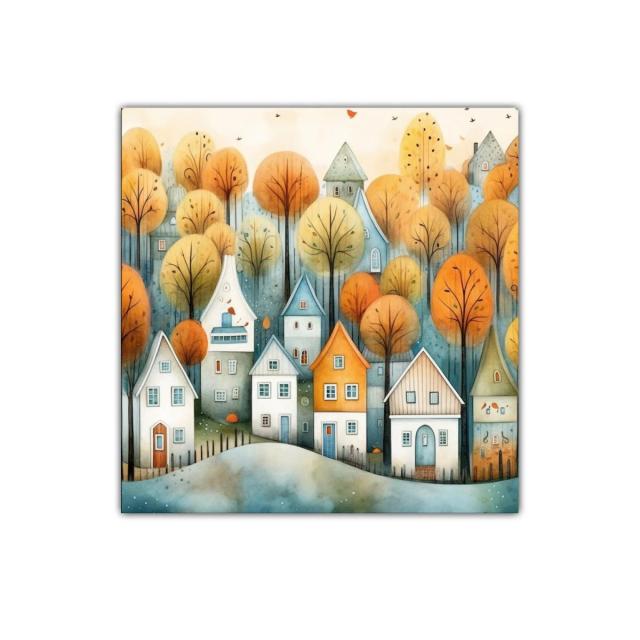 Paisaje encantador con casas y árboles en tonos otoñales