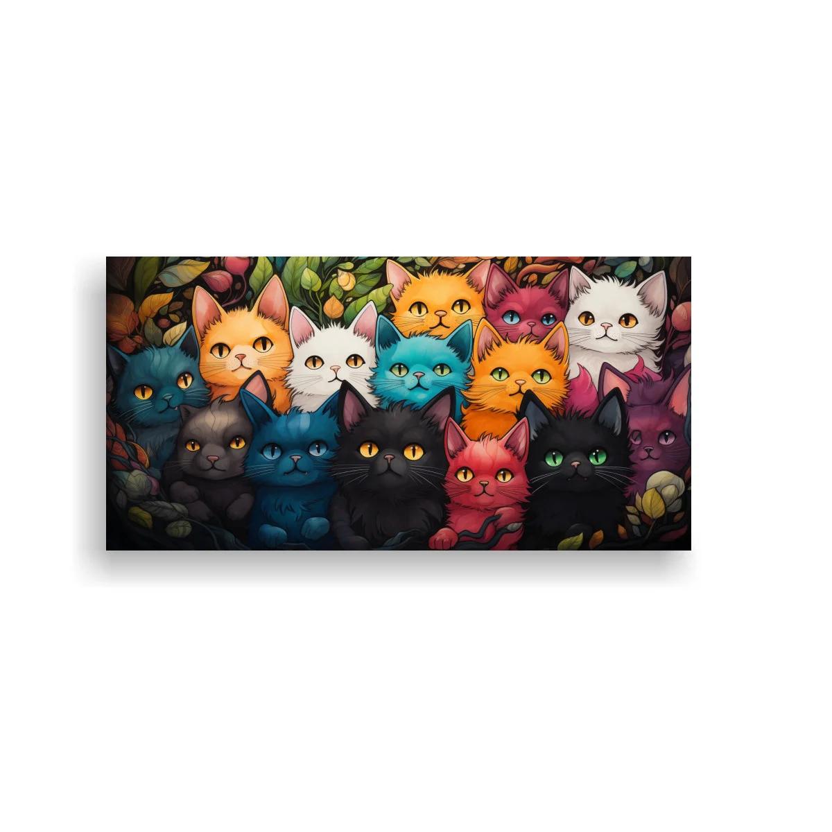 Cuadro grupo de gatos de colores con follaje y frutos redondos