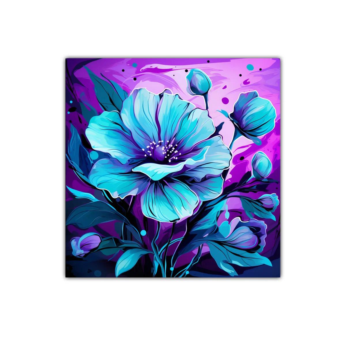 Flor azul vibrante con fondo púrpura intenso