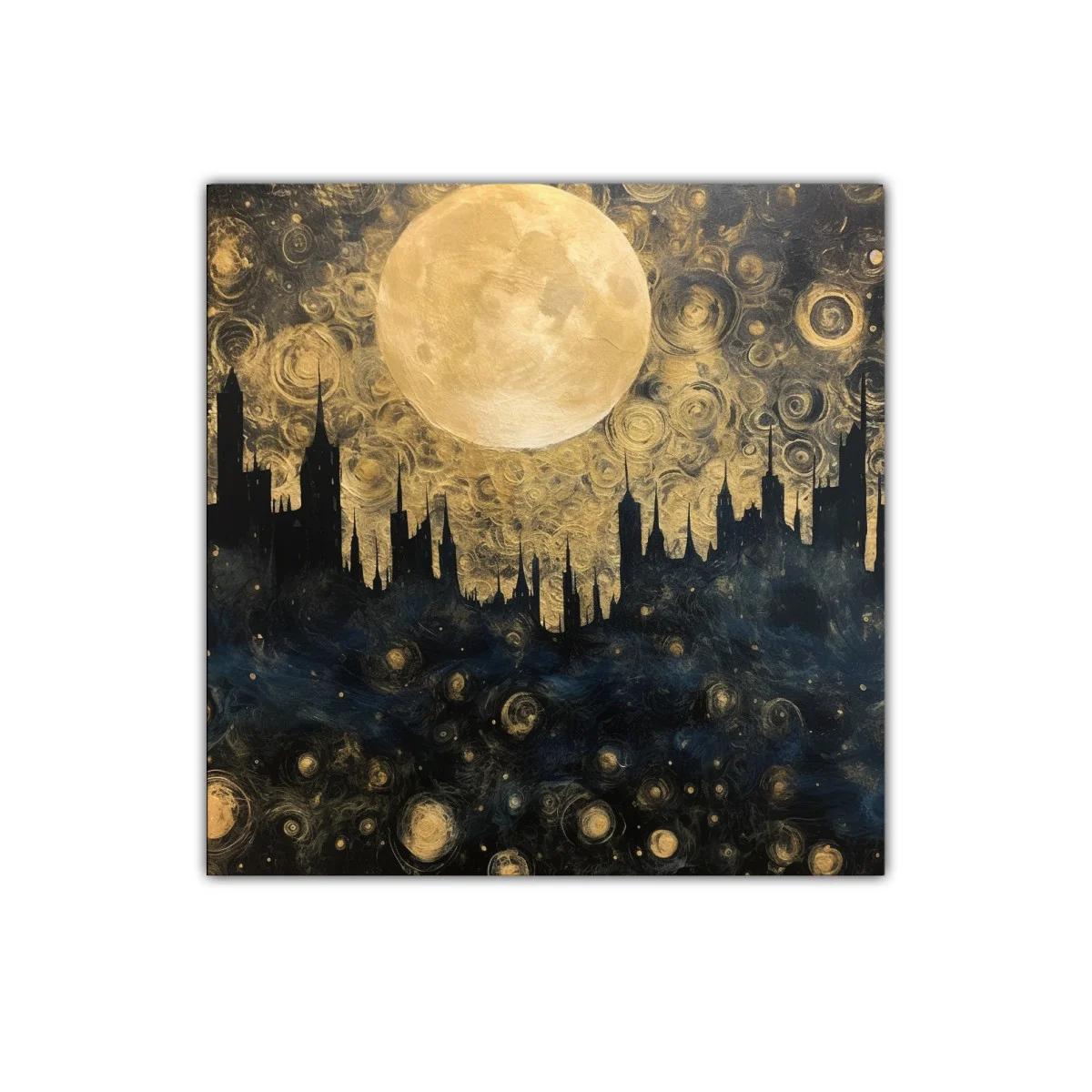 Paisaje urbano nocturno con luna llena brillante