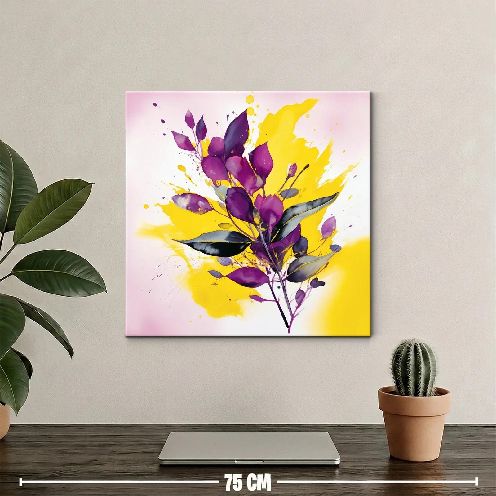 Cuadro moderno con hojas moradas y fondo amarillo vibrante — miniatura 2