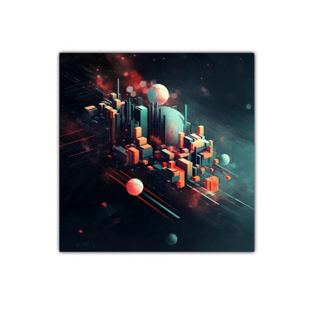 Ciudad futurista en colores vibrantes y tonos oscuros